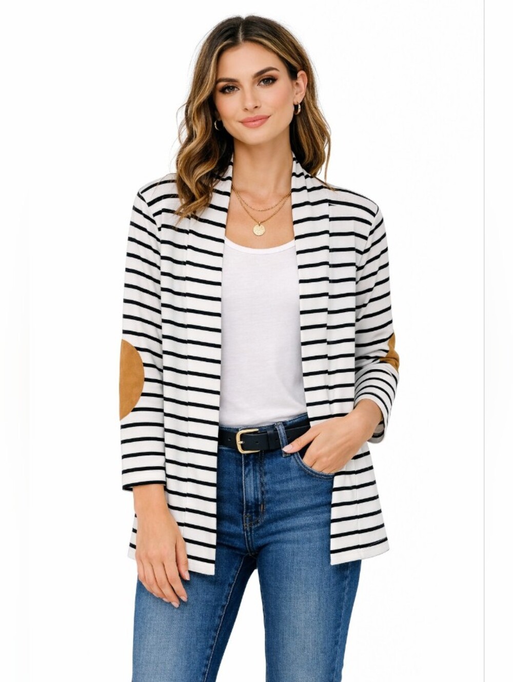 Merry Fun Striped Open-Front Cardigan with Elbow Patches - White/Black Large
